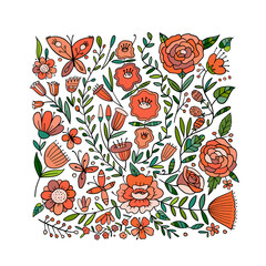 Poster - Floral Garden. Spring concept Background. Square shape frame for your design, business cards, banners etc