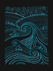 Poster - Marine Landscape Background. Art Picture ethnic ornament, water element for your design, interior, poster etc
