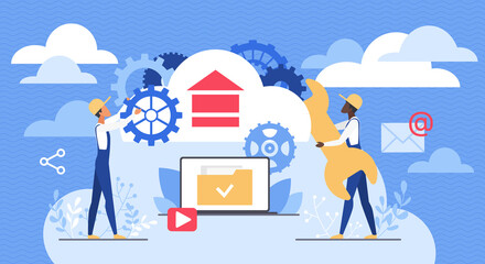 Poster - Cloud service, data storage. Tiny tech team of admins engineers with tools to connect web infrastructure, database server and network support flat vector illustration. Online cloud, software concept