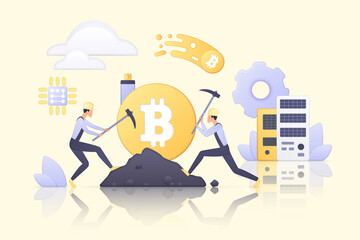 Wall Mural - Cryptocurrency, data mining system. Tiny people work with software on servers, hardware and network, mine and trade crypto currency flat vector illustration. Blockchain, virtual money concept