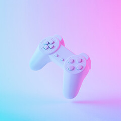 Flying joystick or joypad on vibrant holographic background. Minimal gaming scene with gradient purple and blue colors. 3d rendering.