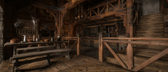 Poster - Cinematic wide view of medieval tavern with food and drink on wooden tables. 3D rendering.