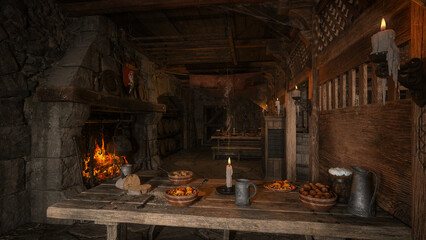 Poster - Atmospheric medieval tavern interior with dining table lit by window light and open fireplace in the background. 3D illustration.