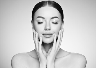 Wall Mural - portrait beautiful young woman with clean fresh skin. model with healthy skin, close up portrait. co
