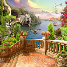 Coastal Landscape Of The Old Town. Panorama - Embankment With A Fortress Wall In The Old Town. Photo Wallpapers. Wallpaper On The Wall In The Living Room.