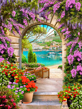 Lilac Arch With A View Of The Embankment. Mediterranean Landscape. Photo Wallpapers. Wallpaper On The Wall.