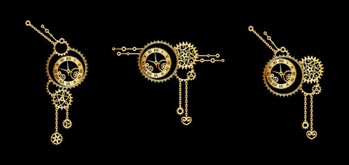 Vintage set of golden decorative elements with clocks, gears, cogwheels and chains on a black. Mechanism. Steampunk. Vector design template for holiday greeting card, banner, poster, signage and print