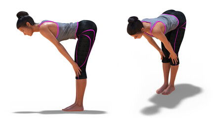Wall Mural - Front three-quarters and Left Profile Poses of a Virtual Woman in Yoga Standing Half Forward Bend Pose on white