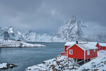 Fototapete - Iconic Hamnoy fishing village on Lofoten Islands, Norway with red rorbu houses. With falling snow in winter.
