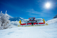 Front View Of Fresh Track From A Snow Groomer Ratrack Machine