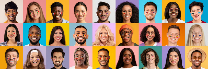 Collection of happy people with painted flags