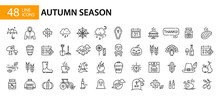 48 Fall Season Icons. Thanksgiving, Harvest And Halloween Symbols. Pixel Perfect, Editable Stroke Line Art