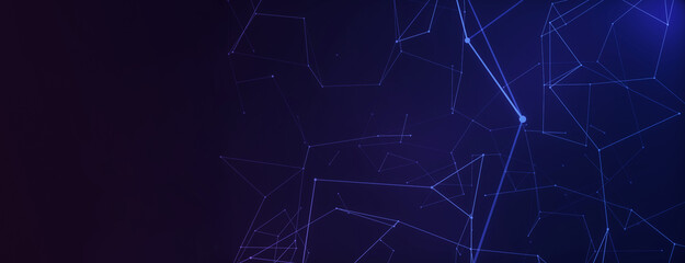 Panoramic abstract background of connecting dots as plexus in blue and purple.