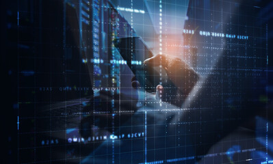 Digital technology, big data storage, digital software development, cyber security concept. Software engineer using computer, remote control with data centre and server room blurred background