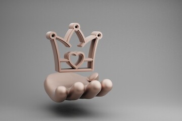 Poster - Beautiful abstract illustrations Golden Hand Holding crown with heart symbol icon on a gray background. 3d rendering illustration. Background pattern for design. Mothers Day.
