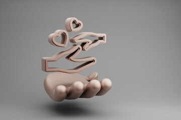Poster - Beautiful abstract illustrations Golden Hand Holding hands with heart symbol icon on a gray background. 3d rendering illustration. Background pattern for design. Mothers Day.