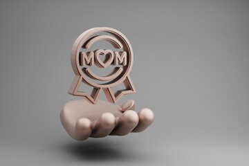 Poster - Beautiful abstract illustrations Golden Hand Holding badge with word MOM and heart symbol icon on a gray background. 3d rendering illustration. Background pattern for design. Mothers Day.