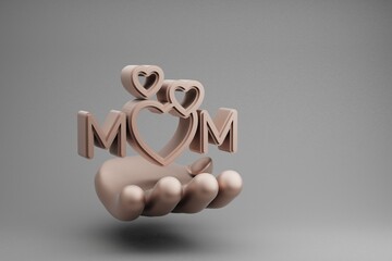 Poster - Beautiful abstract illustrations Golden Hand Holding word MOM with heart symbol icon on a gray background. 3d rendering illustration. Background pattern for design. Mothers Day.