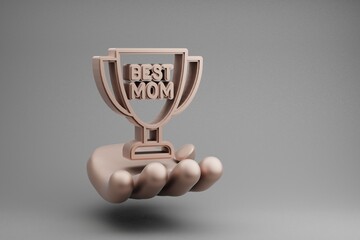 Poster - Beautiful abstract illustrations Golden Hand Holding cup with words BEST MOM and heart symbol icon on a gray background. 3d rendering illustration. Background pattern for design. Mothers Day.