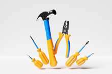 3D Illustration Of A Metal Hammer With A Yellow Handle, Screwdrivers, Pliers Hand Tools Isolated On A White Background. 3D Render And Illustration Of Repair And Installation Tool