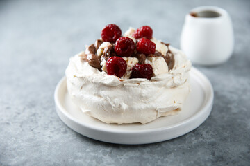 Poster - Homemade Pavlova dessert with raspberry and chocolate