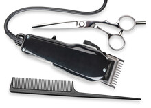 Hair Clipper, Scissors, Comb. Professional Barber Hair Clipper And Shears For Men Haircut. Hairdresser Salon Equipment. Premium Hairdressing Accessories. Top View Flat Lay Isolated On White Background
