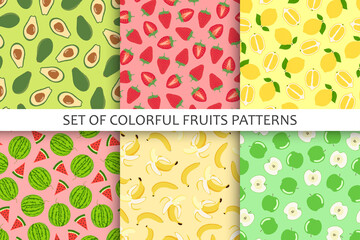 Collection of bright seamless fruits patterns - hand drawn design. Repeatable summer backgrounds. Vibrant endless prints. Vector illustrations