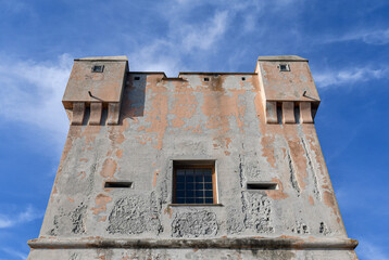 Poster - Low-angle view of Torre Groppallo, a defensive construction against attacks by Turkish pirates of Dragut (16th century), on the Anita Garibaldi Promenade, Nervi, Genoa, Liguria,