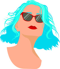 Wall Mural - Vector female portrait in flat style. Young woman with blue hair and red lips wearing sunglasses. For colorful design card, poster, print, illustration about summer, fashion, accessories.