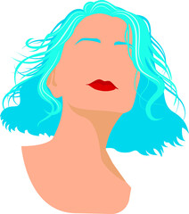 Wall Mural - Vector flat design female head. Woman with blue hair and red lips. Trendy minimalism.  Isolated on white element for design card, poster, illustration.