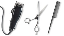 Hair Clipper, Scissors, Comb. Professional Barber Hair Clipper And Shears For Man Haircut. Hairdresser Salon Equipment. Premium Hairdressing Accessories. Top View Flat Lay Isolated On White Background
