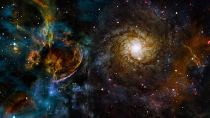 Wall Mural - Space flight slowly moving through universe among planets galaxies stars and nebulae