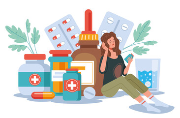 Wall Mural - Depression mental illness medication drugs pills dependence concept.  Vector cartoon design element illustration