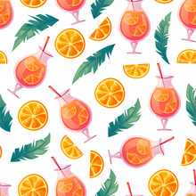 Summer Juice Cocktail Orange Palm Tree Beach Vacation Seamless Cover Wrapping Pattern. Vector Cartoon Design Illustration