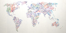 Passport Stamps Of Different Visa Country In Form Of World Map. Travel, Tourism And Immigration Concept Background.
