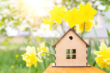 Wooden Toy House Against Vivid Daffodils Background