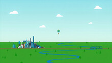 Cartoon Animation Landscape With Blue River, Green Meadow And A Factory On Cloudy Sky Background. Abstract Hot Air Balloon Flying Above The Field In A Sunny, Summer Day.