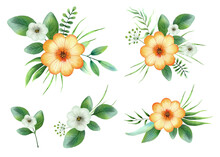 Watercolor Summer Floral Bouquets Set. Yellow Flower With Greenery. Garden Blossom Arrangement. Botanical Clipart. Design Element For Rustic Card Making. Isolated.