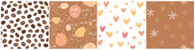 A Set Of Seamless Pattern With Coffee Beans, Women's Linear Portraits, Faces, Hearts. Simple Romantic Abstract Print. Vector Graphics.
