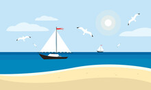 Sandy Beach Landscape. Summertime Scenery Of Desert Sea Shore With Seagulls In Cloudy Sky And Sailboats On Horizon. Flat Vector Illustration