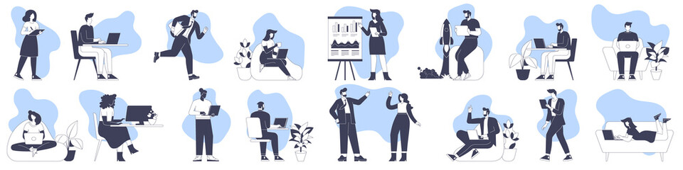 Wall Mural - business team characters working in office, co-working space or remotely at home, freelance, self-em