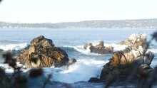 Rocky Craggy Ocean Beach. Big Waves Crashing On Bare Cliff, Blue Water Splashing, Sea Foam. Power Of Nature Near Big Sur, 17-mile Drive. Dramatic Seascape. Point Lobos, Monterey, California Coast, USA