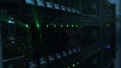 Wall Mural - 3d modern data technology center server racks hdd working in dark facility.