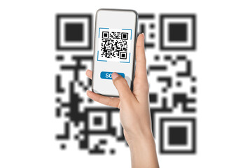 Wall Mural - Hand of woman with smartphone scanning QR code on white background