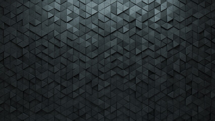Semigloss, Polished Mosaic Tiles arranged in the shape of a wall. Concrete, Triangular, Bricks stacked to create a 3D block background. 3D Render