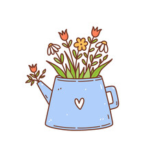 Cute Spring Flowers In A Teapot Isolated On White Background. Vector Hand-drawn Illustration In Doodle Style. Perfect For Cards, Invitations, Decorations, Logo, Various Designs.