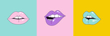 Lips Set In Pop Art 90's Style. Vector Illustration Women's Mouths In Different Emotions For Stickers, Logos, Patches
