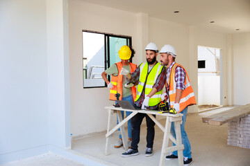 Wall Mural - In doors. Professional Mechanical Engineer team wearing safety hard hat helmet working in  manufacturing factory under construction site.