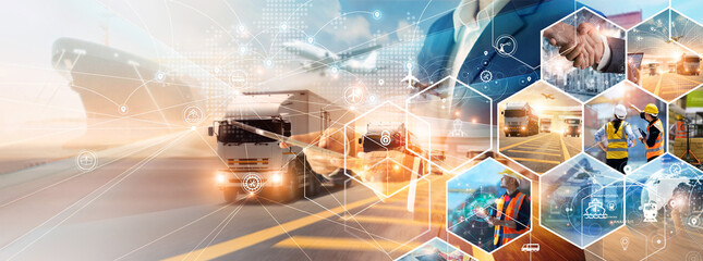 Poster - Transportation and logistic network distribution growth. Container cargo ship and trucks of industrial cargo freight for shipping. Business logistic import export and transport industry.