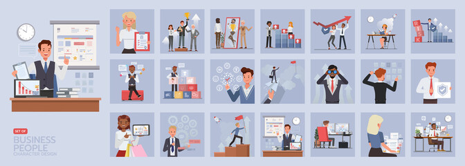 Wall Mural - Set of business people concept character vector design. People working in office comment, reliable, managing, vision, mission, hard work, focus on tasks, evaluation and planning.